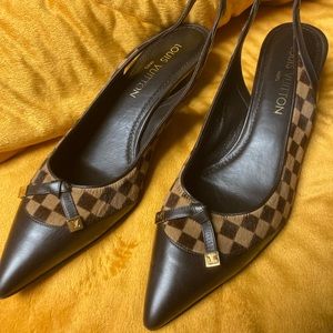 38 AUTHENTIC Louis Vuitton brown sling back pump shoe with kitten heel EXCELLENT